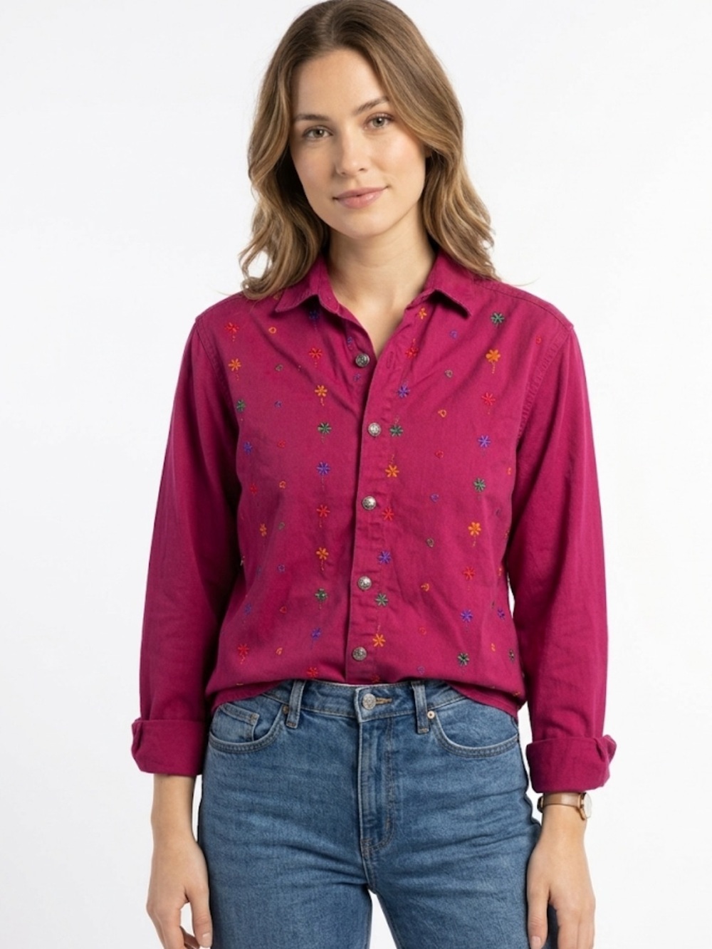 Vintage Boho Embroidered Button-Down top Made in USA M